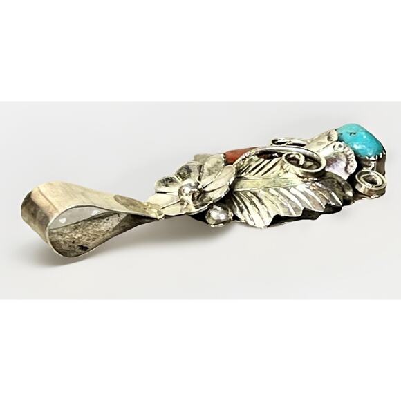 Large Vintage Native Navajo Turquoise Coral Sterling Silver Pendant 2.5” Signed - Picture 7 of 13